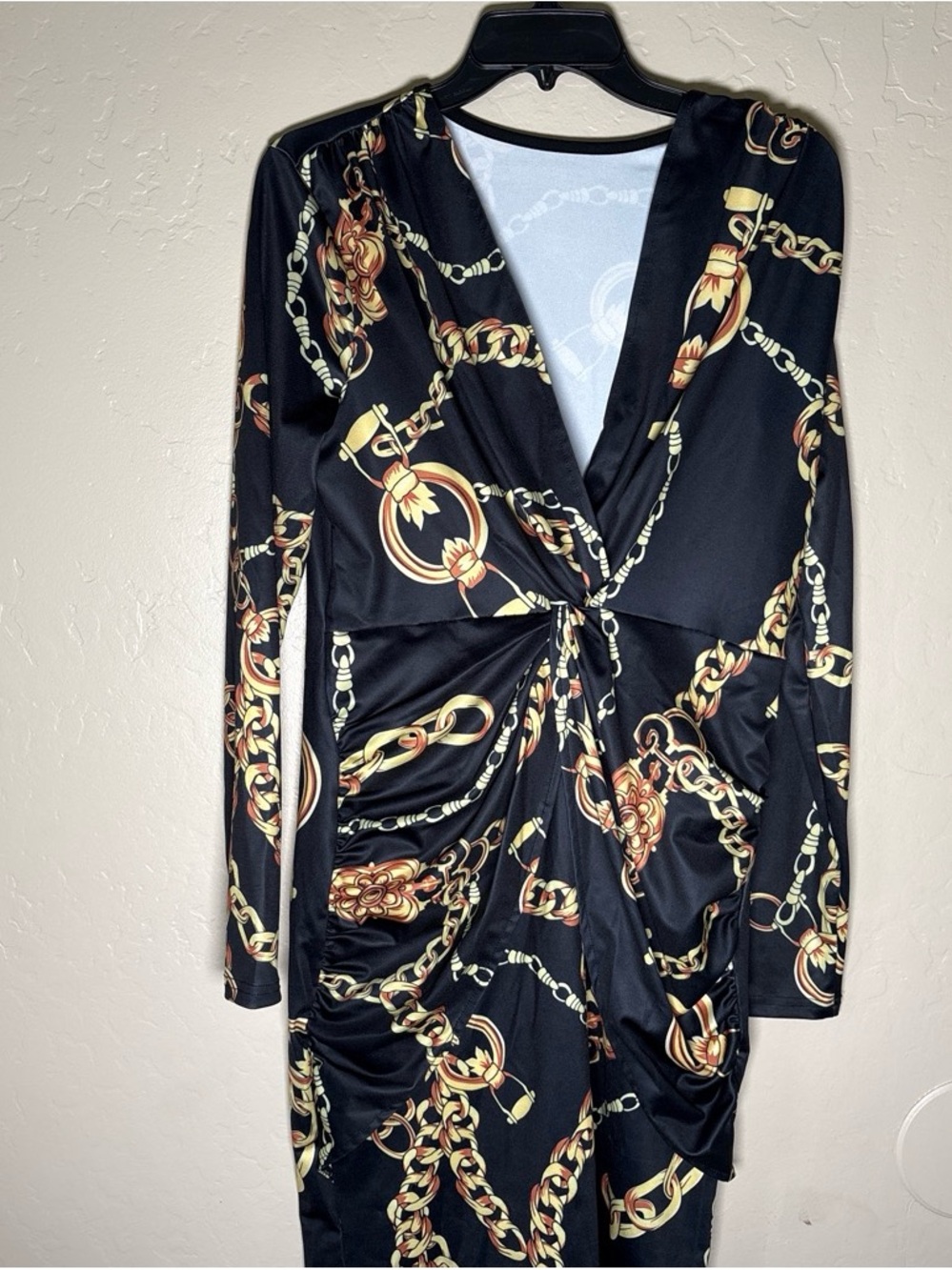 Black Chain-Print Long Sleeve Wrap Dress